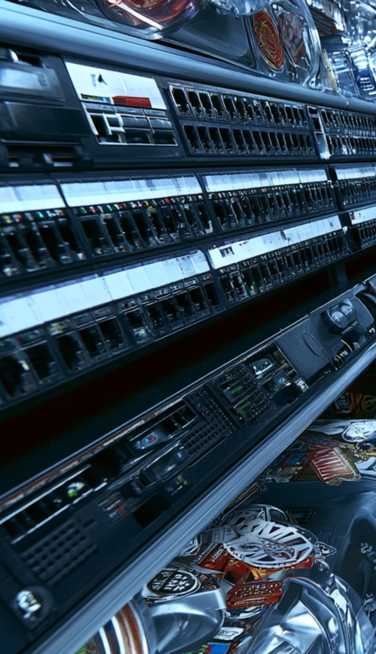 Patch panels and stacked servers in a client comms cabinet